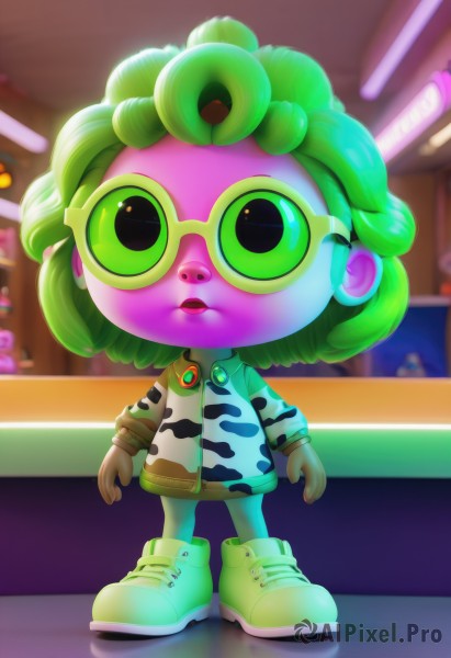 1girl,solo,looking at viewer,short hair,open mouth,gloves,long sleeves,1boy,green eyes,standing,jacket,full body,male focus,pantyhose,green hair,shoes,glasses,artist name,indoors,blurry,blurry background,colored skin,animal print,sneakers,brown gloves,green footwear,pink skin,green pantyhose,furry,furry female,pink-framed eyewear