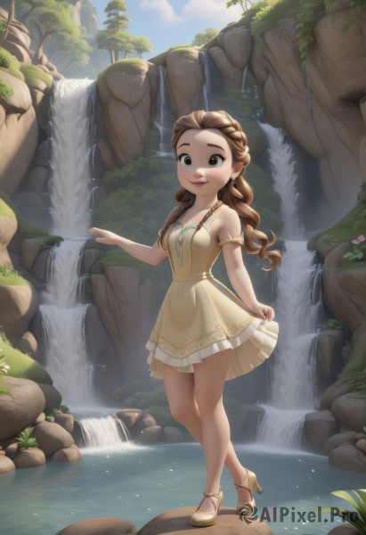 1girl,solo,long hair,breasts,looking at viewer,smile,brown hair,dress,bare shoulders,twintails,brown eyes,jewelry,standing,full body,braid,earrings,small breasts,outdoors,sky,shoes,sleeveless,day,cloud,water,high heels,tree,blue sky,lips,see-through,sleeveless dress,watermark,short dress,nature,armlet,rock,skirt hold,yellow dress,waterfall,green eyes,artist name,aged down,yellow footwear