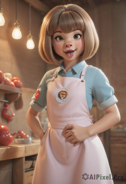 1girl,solo,looking at viewer,smile,short hair,open mouth,bangs,blonde hair,brown hair,shirt,brown eyes,standing,short sleeves,cowboy shot,food,teeth,tongue,collared shirt,indoors,tongue out,blunt bangs,blurry,apron,puffy short sleeves,lips,fruit,depth of field,blurry background,upper teeth only,bob cut,blue shirt,white apron,:p,hands on hips,nose,apple,female child,badge,kitchen,button badge,dress,realistic,tongue piercing