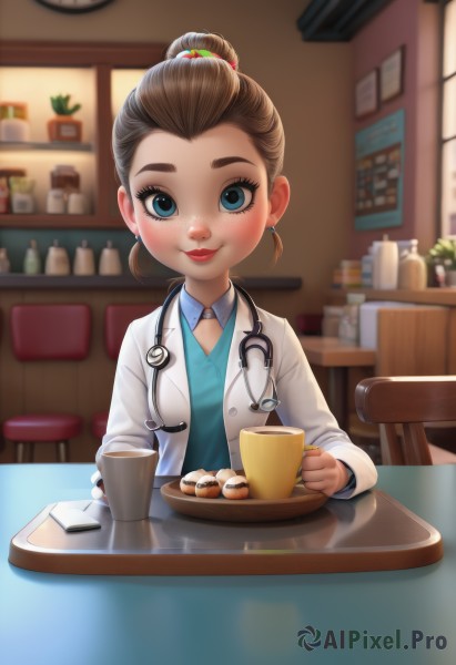 1girl,solo,looking at viewer,blush,smile,short hair,blue eyes,brown hair,shirt,hair ornament,long sleeves,holding,jewelry,sitting,closed mouth,upper body,earrings,food,indoors,hair bun,blurry,cup,lips,makeup,blurry background,chair,table,single hair bun,thick eyebrows,blue shirt,child,holding cup,plate,freckles,mug,labcoat,clock,female child,stool,coffee,coffee mug,stethoscope,doctor,wall clock,pov across table,depth of field,phone,cellphone,lipstick,cookie,analog clock