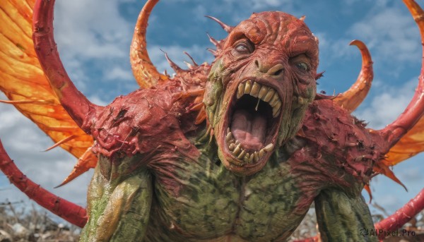 solo,open mouth,tail,upper body,outdoors,wings,sky,teeth,day,cloud,blurry,blue sky,no humans,blurry background,fangs,sharp teeth,tentacles,spikes,monster,realistic,alien,looking at viewer,horns,tongue,colored skin,cloudy sky,veins,scales,green skin,horror (theme)