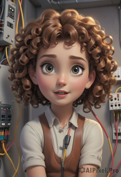 1girl,solo,looking at viewer,smile,short hair,open mouth,brown hair,shirt,brown eyes,white shirt,upper body,short sleeves,parted lips,teeth,collared shirt,medium hair,vest,lips,freckles,curly hair,realistic,cable,brown vest,blush,eyelashes,buttons,watermark,messy hair,web address,zipper,nose