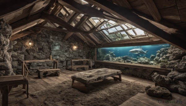 indoors,water,no humans,window,chair,table,scenery,fish,wooden floor,rock,stairs,lamp,watercraft,ruins,whale,tree,plant,lantern,underwater,light,ceiling,log,wood