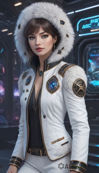 1girl,solo,breasts,looking at viewer,short hair,bangs,brown hair,shirt,long sleeves,cleavage,brown eyes,jewelry,closed mouth,standing,jacket,cowboy shot,earrings,small breasts,open clothes,belt,pants,hood,necklace,nail polish,blurry,open jacket,lips,coat,fur trim,black shirt,makeup,buttons,blurry background,white jacket,lipstick,hooded jacket,pendant,hood up,realistic,white pants,nose,arms at sides,white coat,red lips,stud earrings,eyeliner,fur-trimmed hood,neon lights,parka,medium breasts,indoors,uniform,emblem,badge