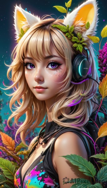 1girl,solo,long hair,breasts,looking at viewer,smile,short hair,bangs,blonde hair,hair ornament,animal ears,cleavage,bare shoulders,jewelry,medium breasts,closed mouth,purple eyes,upper body,flower,multicolored hair,outdoors,sky,sleeveless,artist name,cat ears,signature,hood,necklace,mole,from side,lips,fox ears,eyelashes,mole under eye,hoodie,makeup,night,headphones,leaf,watermark,hood down,plant,lipstick,star (sky),eyeshadow,starry sky,freckles,pink lips,nose,eyeliner,mascara,paint splatter,sleeveless hoodie,detached collar,facial mark