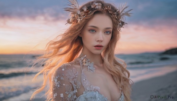 1girl,solo,long hair,breasts,looking at viewer,blue eyes,blonde hair,brown hair,hair ornament,dress,cleavage,bare shoulders,medium breasts,collarbone,upper body,flower,outdoors,parted lips,sky,cloud,hair flower,water,white dress,blurry,lips,dutch angle,depth of field,blurry background,ocean,wavy hair,beach,feathers,sunset,realistic,nose,closed mouth,makeup,expressionless,cloudy sky,portrait,horizon,red lips,feather hair ornament,waves