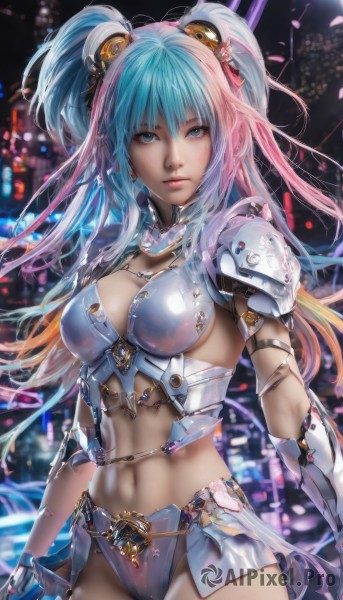 1girl,solo,long hair,breasts,looking at viewer,bangs,blue eyes,large breasts,hair ornament,gloves,navel,cleavage,twintails,jewelry,medium breasts,blue hair,weapon,pink hair,multicolored hair,cowboy shot,midriff,armor,two-tone hair,two side up,lips,aqua hair,blurry background,shoulder armor,pauldrons,realistic,bikini armor,gradient hair,armlet