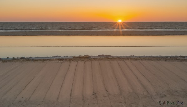 outdoors,sky,cloud,water,no humans,ocean,beach,sunlight,scenery,sunset,sand,sun,horizon,road,orange sky,field,evening,gradient sky,desert,red sky