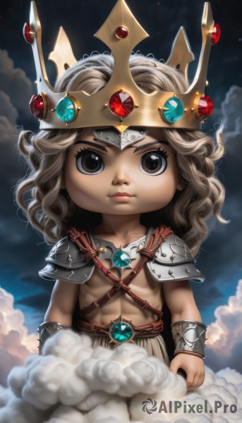 solo,long hair,looking at viewer,blonde hair,brown hair,1boy,brown eyes,jewelry,closed mouth,male focus,sky,cloud,chibi,armor,black eyes,lips,muscular,abs,aged down,crown,shoulder armor,gem,child,smoke,pauldrons,topless male,bracer,male child,1girl,curly hair