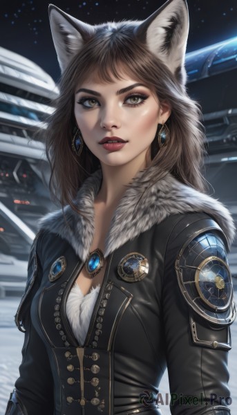 1girl,solo,long hair,breasts,looking at viewer,brown hair,animal ears,cleavage,brown eyes,jewelry,medium breasts,jacket,upper body,earrings,outdoors,sky,cat ears,necklace,lips,fur trim,eyelashes,makeup,night,gem,star (sky),snow,eyeshadow,science fiction,fur collar,realistic,nose,red lips,space,leather,leather jacket,bangs,long sleeves,yellow eyes,parted lips,artist name,signature,black jacket,wolf ears,thick eyebrows,lipstick,starry sky,badge