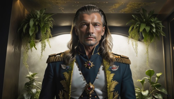 solo,long hair,looking at viewer,brown hair,black hair,1boy,jewelry,closed mouth,jacket,upper body,flower,male focus,indoors,uniform,black eyes,military,military uniform,facial hair,plant,brooch,gem,beard,epaulettes,realistic,mustache,aiguillette,medal,blue eyes,grey hair,lips,leaf,expressionless,sunlight,light,badge