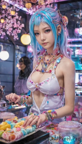 1girl,long hair,breasts,looking at viewer,bangs,hair ornament,1boy,dress,cleavage,bare shoulders,jewelry,medium breasts,closed mouth,underwear,green eyes,blue hair,upper body,pink hair,flower,multicolored hair,earrings,food,sleeveless,solo focus,hairclip,indoors,necklace,hair bun,nail polish,bra,blurry,black eyes,bracelet,two-tone hair,lips,fingernails,grey eyes,aqua hair,sleeveless dress,depth of field,blurry background,ring,cherry blossoms,gem,bikini top only,pink flower,pink nails,beads,realistic,nose,bangle,shop,blue eyes,multiple girls,large breasts,2girls,artist name,white dress,fruit,watermark,piercing,knife,web address,lantern,cherry