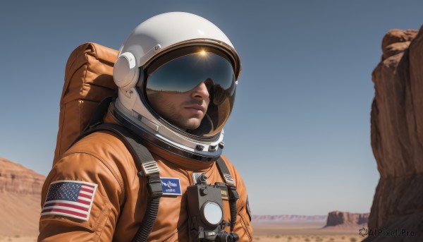 solo,1boy,upper body,male focus,outdoors,sky,day,bag,facial hair,backpack,helmet,beard,realistic,stubble,american flag,spacesuit,desert,japanese flag,astronaut,closed mouth,blue sky,lips,camera,pilot,space helmet,united states