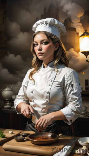 1girl,solo,long hair,breasts,looking at viewer,blonde hair,brown hair,hat,holding,brown eyes,food,indoors,apron,lips,buttons,knife,steam,plate,freckles,bowl,realistic,holding knife,cooking,kitchen,chef hat,chef,kitchen knife,cutting board,long sleeves,smoke,onion