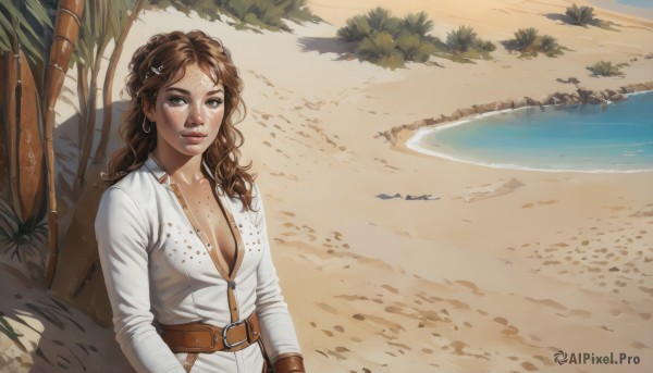 1girl,solo,long hair,breasts,looking at viewer,brown hair,shirt,hair ornament,long sleeves,cleavage,brown eyes,jewelry,medium breasts,white shirt,upper body,weapon,earrings,outdoors,day,hairclip,belt,dark skin,water,dark-skinned female,tree,lips,no bra,wavy hair,beach,freckles,curly hair,rock,nose,sand,brown belt,leather,dirty,desert,gloves,small breasts,ocean,facial mark,sunlight,polka dot,nature,buckle,forest,realistic,shore