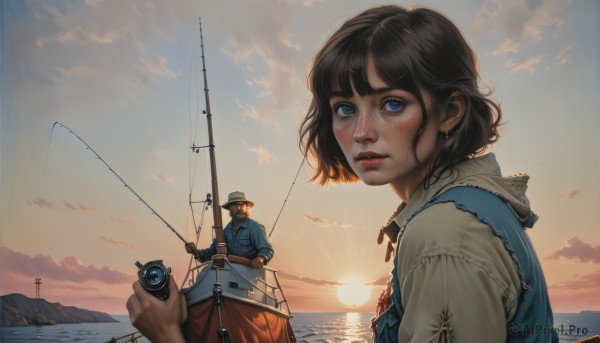 1girl,looking at viewer,short hair,bangs,blue eyes,brown hair,shirt,black hair,1boy,hat,holding,jewelry,upper body,earrings,outdoors,parted lips,sky,cloud,water,lips,ocean,sunlight,cloudy sky,scenery,freckles,sunset,mountain,realistic,nose,camera,sun,watercraft,boat,mountainous horizon,fishing rod,holding camera,sunrise,blush,vest,watermark,sleeves rolled up,horizon,fishing,holding fishing rod