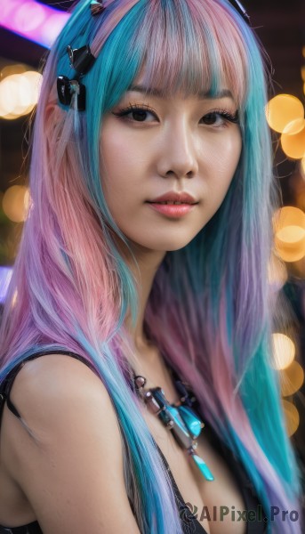 1girl,solo,long hair,breasts,looking at viewer,bangs,hair ornament,cleavage,brown eyes,jewelry,medium breasts,underwear,blue hair,upper body,pink hair,multicolored hair,parted lips,sleeveless,artist name,blunt bangs,necklace,bra,blurry,black eyes,two-tone hair,lips,eyelashes,aqua hair,makeup,depth of field,blurry background,realistic,nose,split-color hair,bokeh,dress,bare shoulders,teeth,freckles