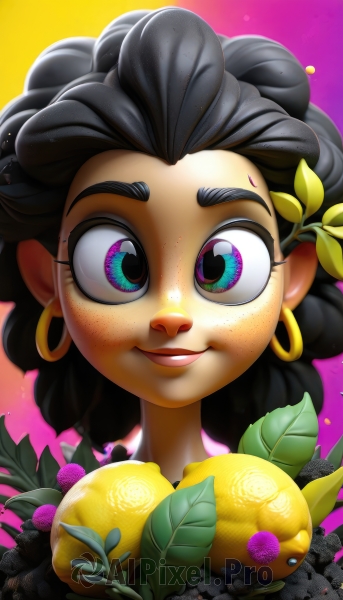 1girl,solo,looking at viewer,smile,blue eyes,black hair,hair ornament,jewelry,flower,earrings,parted lips,food,artist name,hair flower,dark skin,dark-skinned female,lips,gradient,gradient background,eyelashes,makeup,fruit,leaf,pink background,thick eyebrows,plant,portrait,freckles,purple background,hoop earrings,multicolored eyes,yellow flower,purple flower,lemon,gold earrings,teeth,curly hair,pineapple