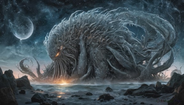 outdoors,sky,cloud,water,no humans,night,glowing,ocean,moon,star (sky),night sky,scenery,glowing eyes,tentacles,full moon,starry sky,monster,rock,fantasy,giant,alien,eldritch abomination,cloudy sky,sun,horizon,planet