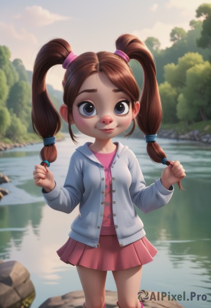 1girl,solo,long hair,looking at viewer,smile,blue eyes,skirt,brown hair,shirt,twintails,standing,jacket,boots,outdoors,open clothes,miniskirt,water,black eyes,tree,cardigan,child,nature,forehead,pink skirt,pink shirt,hair tie,female child,holding hair,river,lake,bangs,hair ornament,long sleeves,dress,closed mouth,sidelocks,sky,day,socks,artist name,hood,blurry,open jacket,lips,kneehighs,hoodie,buttons,blurry background,pink dress,forest,reflection,rock,nose,pink footwear,pond,stream