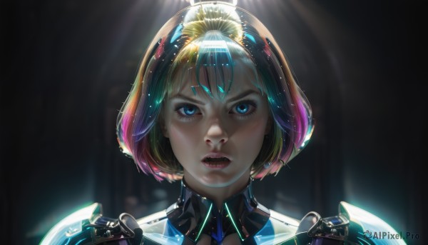 1girl,solo,looking at viewer,short hair,open mouth,bangs,blue eyes,blue hair,pink hair,multicolored hair,parted lips,teeth,shiny,artist name,blurry,lips,eyelashes,gradient hair,makeup,blurry background,watermark,bob cut,lipstick,portrait,reflection,science fiction,realistic,nose,red lips,straight-on,cyborg,rainbow hair,blonde hair,brown hair,glowing,black background,close-up,backlighting