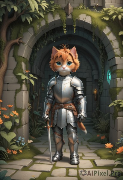 solo,looking at viewer,blue eyes,1boy,holding,animal ears,standing,tail,full body,weapon,flower,male focus,boots,outdoors,belt,sword,cat ears,holding weapon,armor,tree,animal,holding sword,cat,plant,shoulder armor,gauntlets,sheath,furry,pauldrons,breastplate,stairs,fantasy,armored boots,furry male,greaves,vines,knight,chainmail,plate armor,artist name,orange hair,cat tail,no humans,:3,leaf,grass,nature,1other,colored sclera,walking,door,furry female,body fur,ruins,white fur,pillar,full armor,whiskers,arch,moss,overgrown,orange fur,ivy