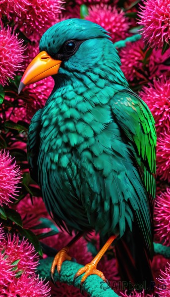 solo,looking at viewer,blue eyes,standing,flower,blurry,black eyes,from side,pokemon (creature),no humans,bird,animal,pink flower,realistic,animal focus,beak,parrot,closed mouth,full body,leaf,feathers,floral background