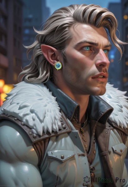 solo,long hair,blue eyes,shirt,1boy,jewelry,jacket,upper body,grey hair,male focus,earrings,outdoors,parted lips,teeth,pointy ears,artist name,signature,blurry,vest,lips,looking to the side,fur trim,muscular,blurry background,facial hair,scar,looking away,elf,beard,scar on face,mature male,realistic,nose,stubble,manly,white hair,multicolored hair,open clothes,necklace,two-tone hair,open jacket,night,thick eyebrows,veins,fur collar,scar across eye