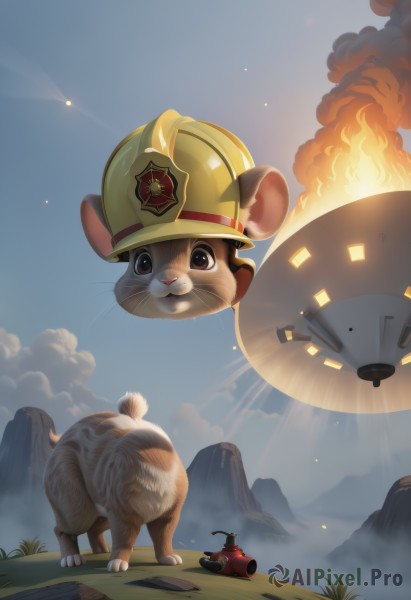 brown eyes,outdoors,sky,day,cloud,blue sky,no humans,animal,helmet,grass,fire,ground vehicle,motor vehicle,smoke,mountain,explosion,mouse,whiskers,yellow headwear,1boy,hat,standing,cat,hamster