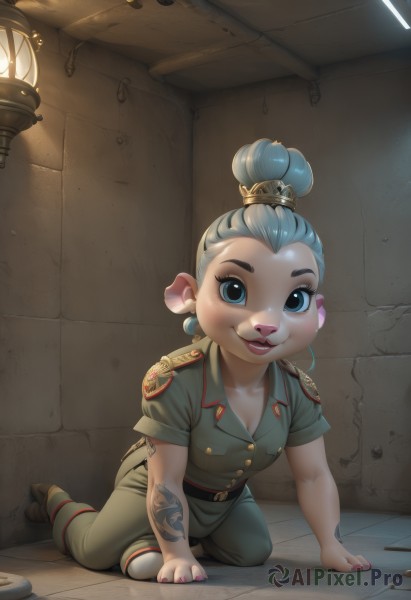 1girl,solo,breasts,looking at viewer,smile,short hair,open mouth,blue eyes,hair ornament,cleavage,blue hair,full body,short sleeves,small breasts,boots,teeth,belt,pants,indoors,hair bun,nail polish,uniform,lips,military,military uniform,tattoo,buttons,single hair bun,all fours,furry,mouse ears,furry female,lamp,topknot,green pants,light bulb,buck teeth,aged down,epaulettes,lantern