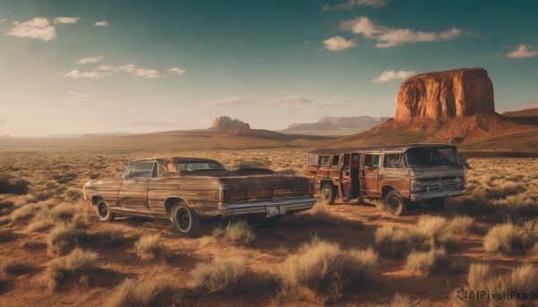 outdoors,sky,day,cloud,blue sky,no humans,cloudy sky,grass,ground vehicle,scenery,motor vehicle,mountain,car,road,field,vehicle focus,mountainous horizon,truck,water,ocean,sunset,rock,horizon,landscape