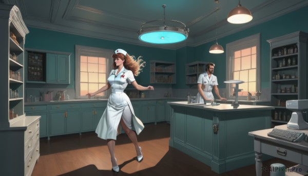 1girl,long hair,breasts,smile,brown hair,shirt,black hair,1boy,hat,dress,brown eyes,standing,white shirt,short sleeves,pantyhose,indoors,white dress,high heels,cup,window,shadow,facial hair,white headwear,chair,white footwear,bottle,beard,desk,nurse cap,nurse,lamp,syringe,stethoscope,counter,cabinet,office,uniform