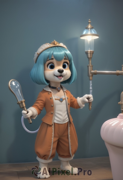 1girl,solo,breasts,looking at viewer,smile,short hair,open mouth,bangs,blue eyes,shirt,gloves,long sleeves,hat,holding,animal ears,jewelry,blue hair,standing,collarbone,jacket,tail,full body,white shirt,small breasts,boots,open clothes,teeth,choker,tongue,shiny,pants,artist name,indoors,white gloves,signature,tongue out,shiny hair,flat chest,collar,open jacket,maid headdress,:3,buttons,happy,white footwear,gem,child,dog ears,furry,brown jacket,furry female,female child,lamp,body fur,white fur,animal nose,orange jacket,two-tone fur,light bulb,buck teeth,blush,simple background,sidelocks,hands up,bob cut,tiara,dog tail,holding staff,dog girl,brown pants