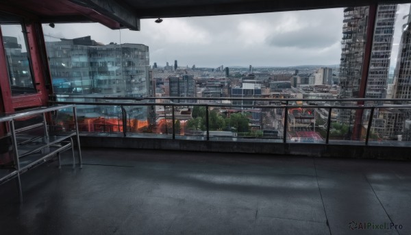 outdoors,sky,day,cloud,tree,no humans,window,cloudy sky,building,scenery,city,railing,road,cityscape,bridge,lamppost,street,skyscraper,grey sky,real world location,rain,fence