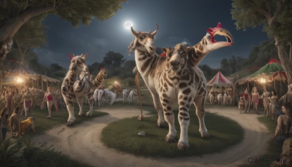 multiple girls,outdoors,multiple boys,horns,sky,tree,night,animal,moon,grass,star (sky),nature,night sky,full moon,forest,6+boys,fantasy,flag,riding,horse,horseback riding,cow,tent,reins,saddle,bird,6+girls,tiger,deer