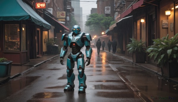 1boy,standing,outdoors,solo focus,no humans,glowing,plant,robot,ground vehicle,building,mecha,motor vehicle,walking,science fiction,city,sign,realistic,potted plant,road,power lines,street,lights,humanoid robot,people,looking at viewer,window,scenery,glowing eyes,open hands