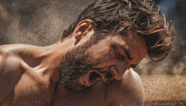 solo,short hair,open mouth,brown hair,black hair,1boy,collarbone,closed eyes,upper body,male focus,nude,blurry,muscular,blurry background,facial hair,portrait,beard,mature male,realistic,mustache,manly,chest hair,dust,closed mouth,muscular male,close-up,topless male