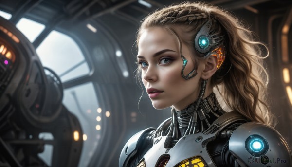 HQ,1girl,solo,long hair,looking at viewer,blue eyes,blonde hair,brown hair,upper body,ponytail,parted lips,armor,blurry,lips,bodysuit,makeup,wavy hair,portrait,science fiction,realistic,nose,cyborg,hair pulled back,power armor,braid,indoors,signature,from side,looking to the side,eyelashes,depth of field,glowing,headgear,sunlight,robot,lipstick,messy hair,light particles,french braid,close-up,forehead,eyeshadow,headset,backlighting,pink lips,light,eyeliner,cable,earpiece