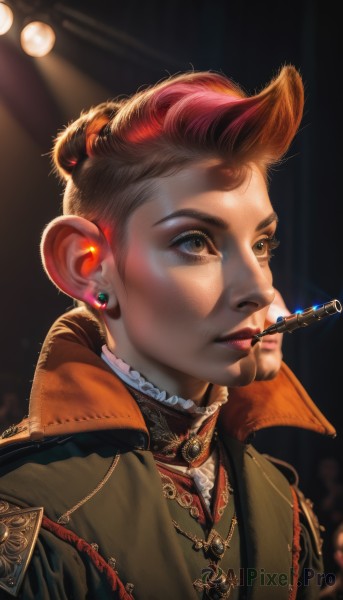 1girl,solo,short hair,brown hair,1boy,brown eyes,jewelry,jacket,upper body,male focus,red hair,multicolored hair,earrings,frills,blurry,two-tone hair,lips,coat,eyelashes,makeup,mouth hold,looking away,lipstick,brooch,portrait,realistic,nose,smoking,looking afar,cigar,spotlight,pink hair,artist name,signature,necklace,blurry background,freckles,stud earrings,light,very short hair