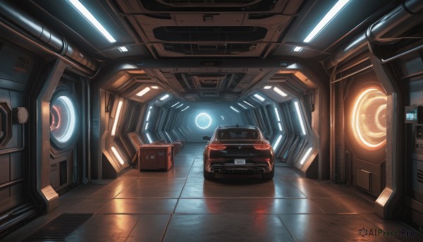 indoors,no humans,glowing,ground vehicle,scenery,motor vehicle,reflection,science fiction,tiles,car,light,tile floor,vehicle focus,seat,shadow,robot,floor,reflective floor