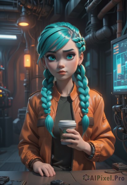 jinx (league of legends),1girl,solo,long hair,looking at viewer,bangs,blue eyes,shirt,long sleeves,holding,twintails,jewelry,closed mouth,jacket,upper body,braid,earrings,open clothes,alternate costume,artist name,indoors,nail polish,twin braids,bracelet,aqua eyes,open jacket,cup,black shirt,aqua hair,makeup,swept bangs,watermark,table,robot,holding cup,hair over shoulder,freckles,cable,disposable cup,laptop,cyberpunk,coffee cup,green eyes,green hair,shiny,shiny hair,alternate hairstyle,aged down,brown jacket,asymmetrical bangs,orange jacket