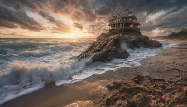 outdoors, sky, cloud, water, tree, no humans, ocean, beach, cloudy sky, scenery, sunset, rock, sand, waves, shore