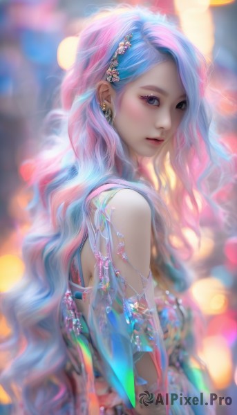 1girl,solo,long hair,looking at viewer,blue eyes,hair ornament,dress,bare shoulders,jewelry,closed mouth,blue hair,upper body,pink hair,flower,multicolored hair,earrings,parted lips,looking back,hair flower,blurry,from side,two-tone hair,lips,eyelashes,makeup,depth of field,blurry background,wavy hair,gem,eyeshadow,crystal,bokeh