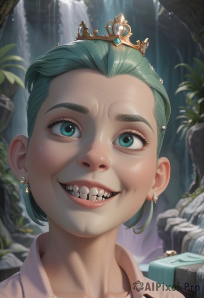 1girl,solo,looking at viewer,smile,short hair,open mouth,shirt,jewelry,green eyes,collarbone,white shirt,earrings,outdoors,green hair,teeth,water,grin,blurry,aqua eyes,lips,aqua hair,tiara,crown,plant,portrait,forehead,freckles,waterfall,collared shirt,artist name,sharp teeth,realistic,nose