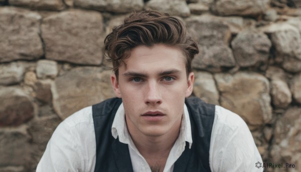 solo,looking at viewer,short hair,brown hair,shirt,1boy,white shirt,upper body,male focus,parted lips,collared shirt,blurry,black eyes,vest,lips,facial hair,black vest,realistic,stubble,photo background,blue eyes,outdoors,blurry background,portrait,sideburns,wall,undercut,chest hair,stone floor,stone wall