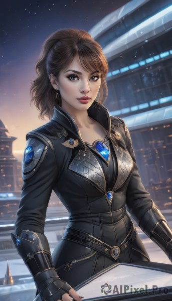 1girl,solo,long hair,breasts,looking at viewer,brown hair,gloves,brown eyes,jewelry,medium breasts,ponytail,earrings,outdoors,sky,black gloves,belt,artist name,fingerless gloves,lips,makeup,night,lipstick,gem,star (sky),night sky,starry sky,nose,red lips,bangs,blue eyes,medium hair,nail polish,mole,bodysuit,table,building,eyeshadow,realistic