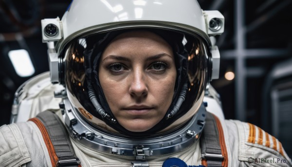 1girl,solo,looking at viewer,brown hair,brown eyes,closed mouth,upper body,blurry,lips,depth of field,blurry background,helmet,portrait,freckles,reflection,science fiction,realistic,straight-on,spacesuit,space helmet,astronaut,1boy,male focus,expressionless,serious,space,planet,earth (planet),spacecraft