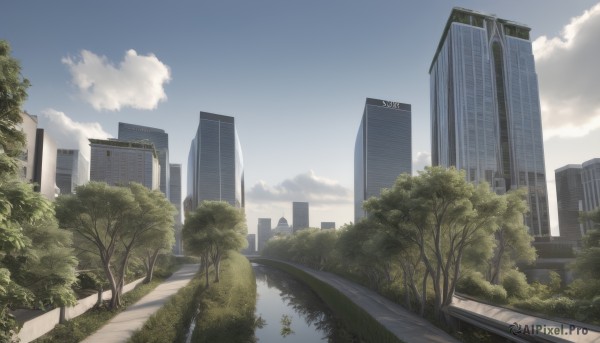 outdoors,sky,day,cloud,water,tree,blue sky,no humans,cloudy sky,grass,plant,building,scenery,reflection,city,road,cityscape,street,skyscraper,bush,river,skyline