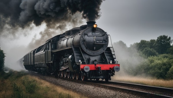 outdoors,sky,day,cloud,tree,military,no humans,grass,ground vehicle,nature,motor vehicle,forest,smoke,military vehicle,tank,vehicle focus,caterpillar tracks,world war ii,scenery,damaged,train,railroad tracks,wheel