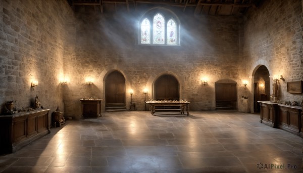 HQ,indoors,no humans,window,chair,table,sunlight,scenery,light rays,stairs,light,candle,sunbeam,statue,stained glass,church,candlestand,chandelier,fireplace,wooden floor,door,tiles,tile floor,vase,arch,reflective floor